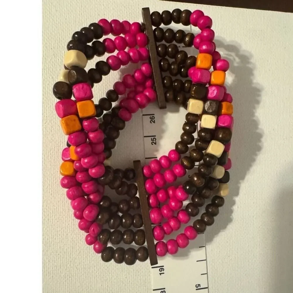 Vintage Y2K Womens Chunky Pink Brown Layered Beaded Cuff Bracelet Boho Western